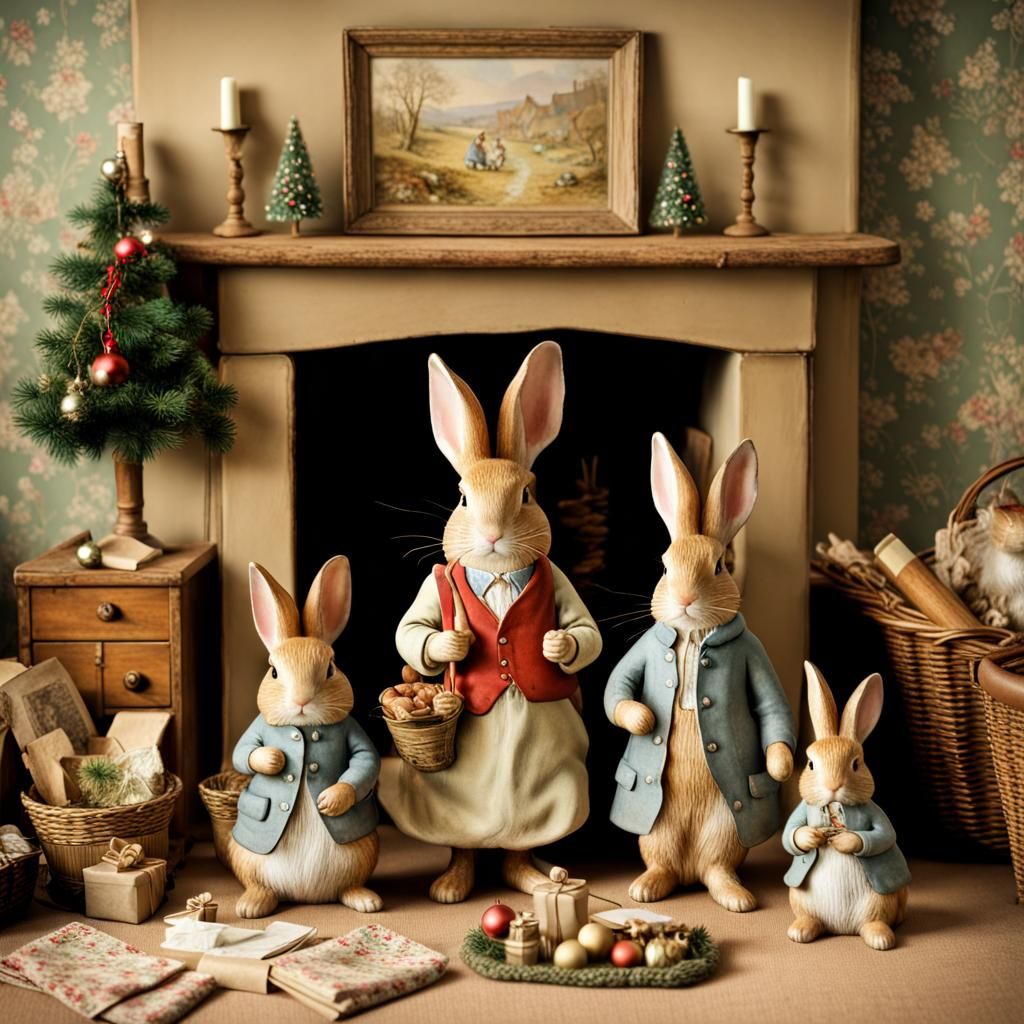 Beatrix Potter Style Christmas Rabbit Family