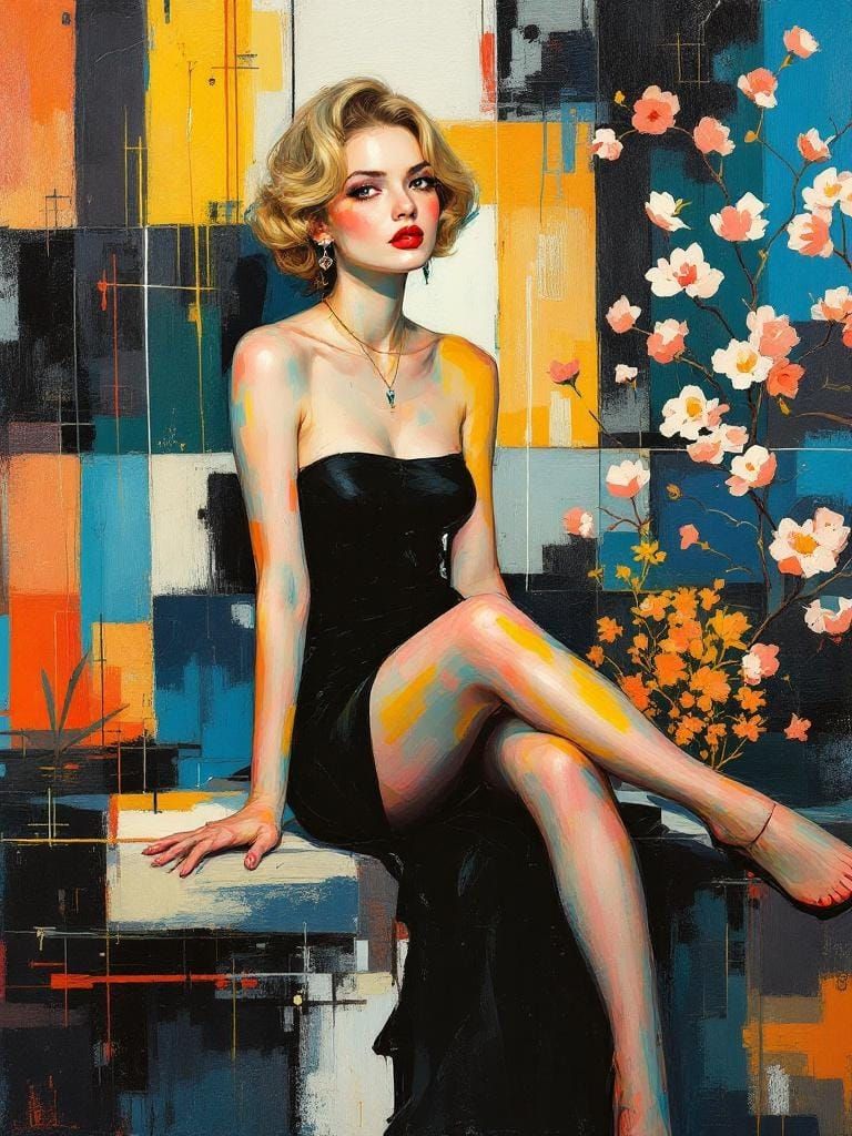 Abstract Pin-Up in Geometric Garden: Impasto Painting