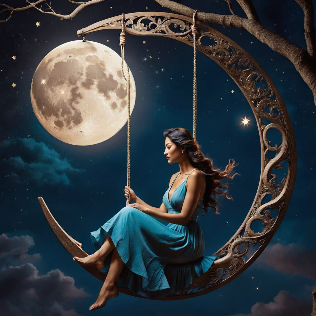 Woman on Moon Swing in Starry Night