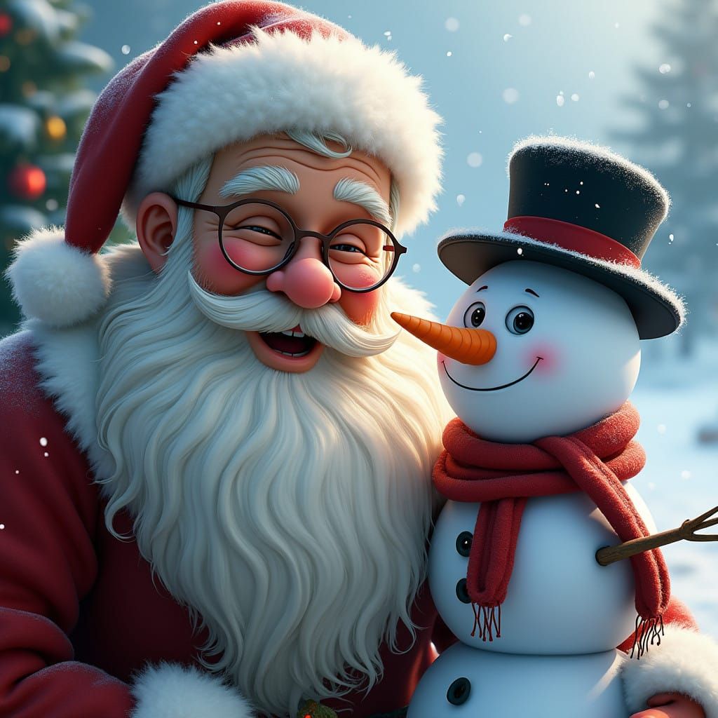 Santa in Dreamy Winter Wonderland with Charming Snowman