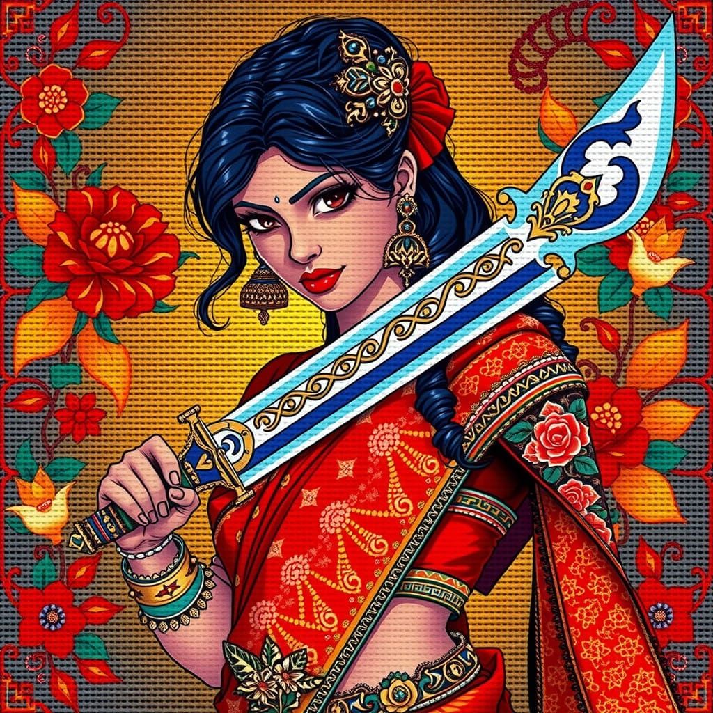 Intricate Anime Needlepoint, Sri Lankan woman gangster, with a blade