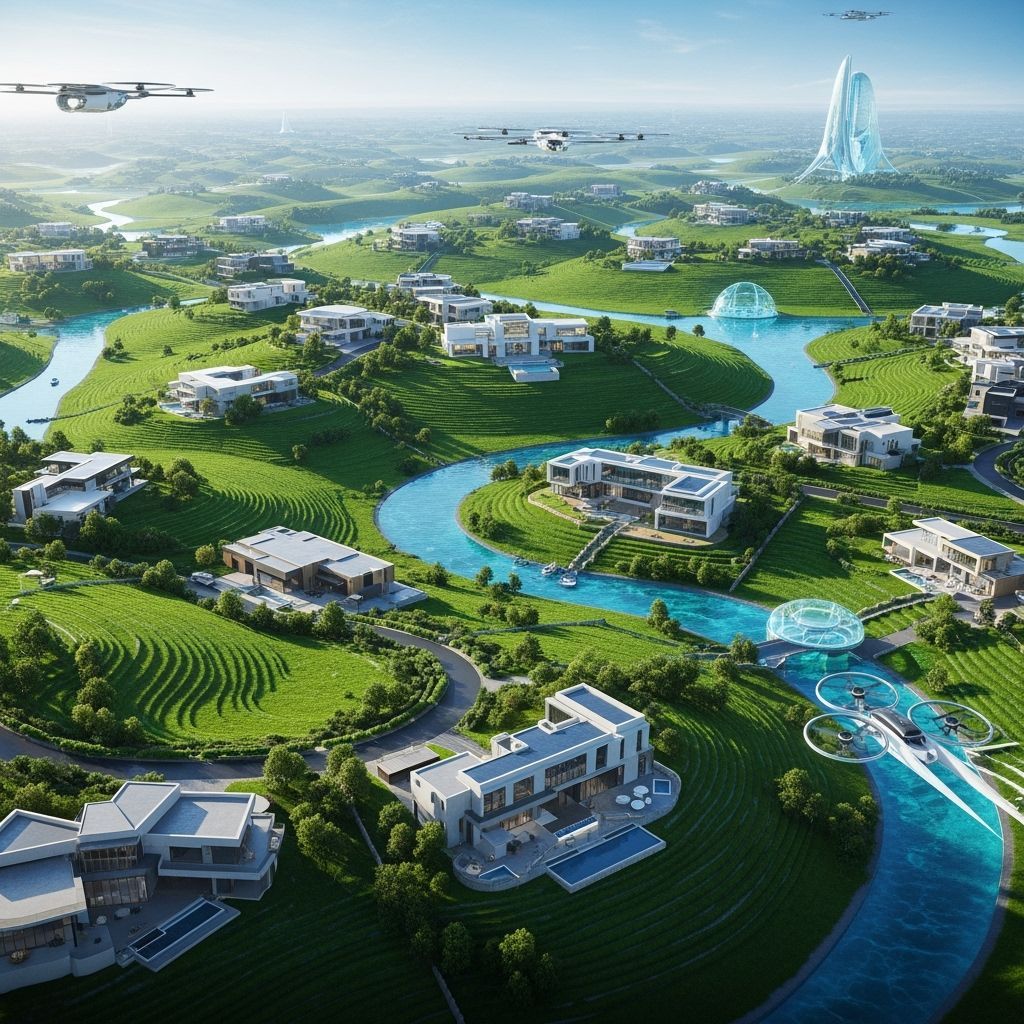 Futuristic Utopia: Countryside Estates with Flying Vehicles