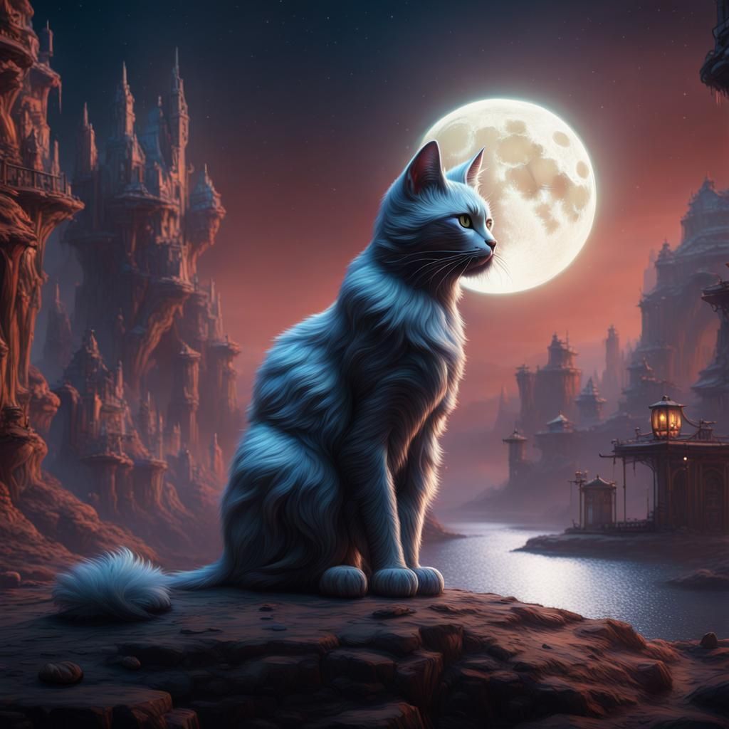Fantastical Moon Cat in Detailed Matte Painting