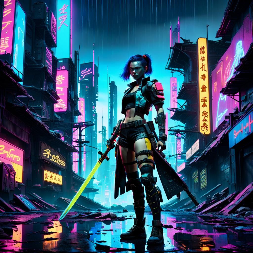 Cyberpunk Woman with Katana in Neon City Ruins