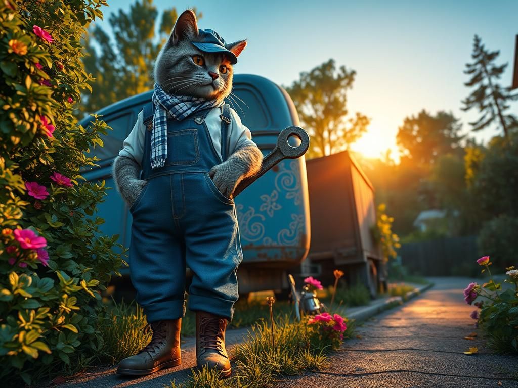 Anthropomorphic Cat Mechanic by Old Truck in Golden Light