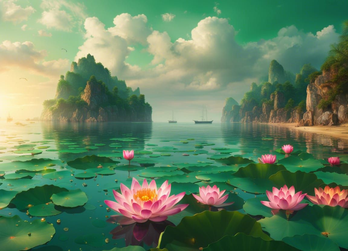 Calm Emerald Sea with Lotus Flowers