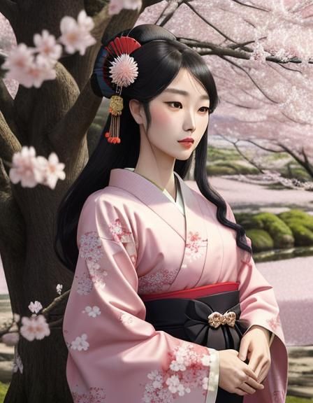 Geisha in Cherry Blossoms: Ukiyo-e Style