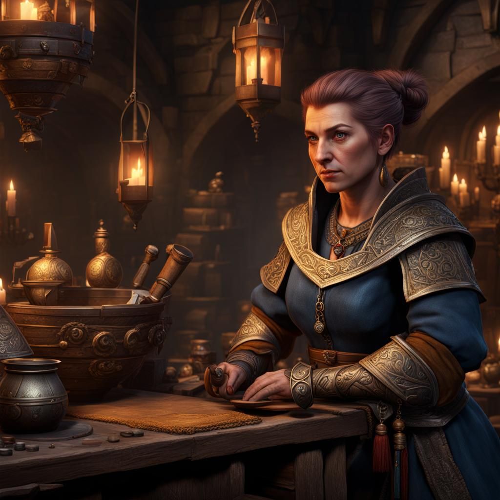 Dwarven Merchant in Medieval Market: Detailed Matte Painting
