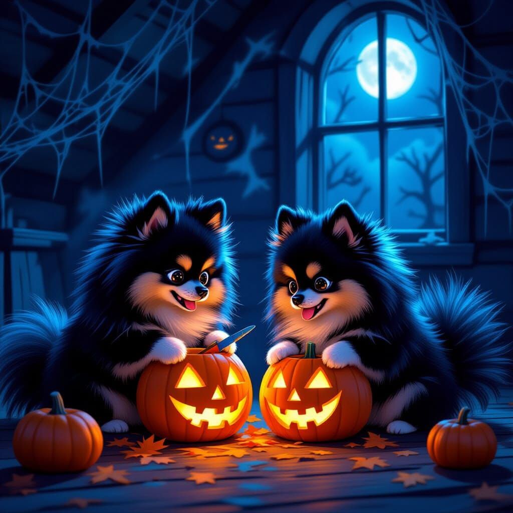 Pomeranians Carving Pumpkins in Haunted House