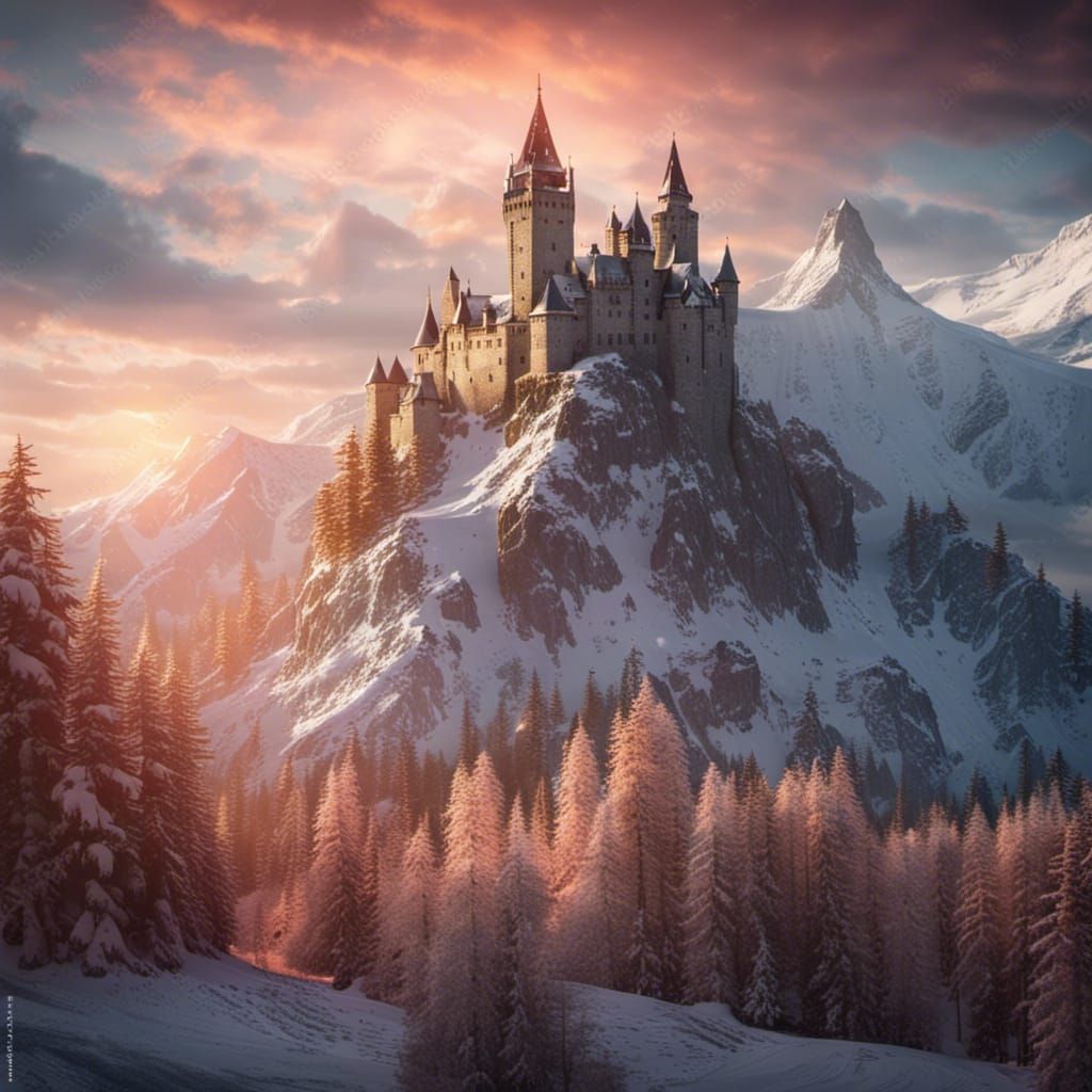 Snowy Mountains with Ice Castle at Dawn