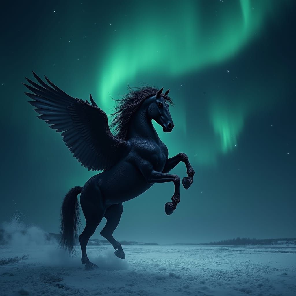 Majestic Black Pegasus Amidst Northern Lights