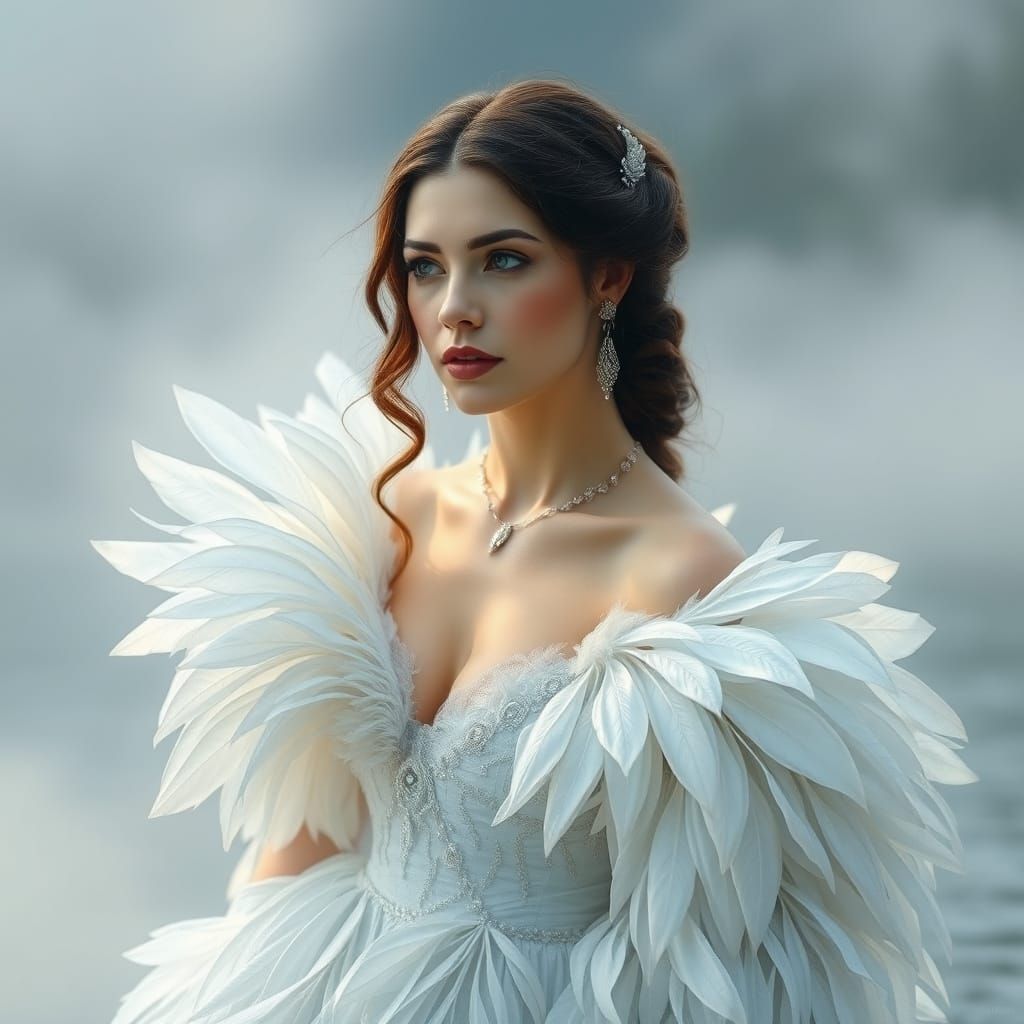 Regal Woman With Swan Feather Gown By Misty Lake