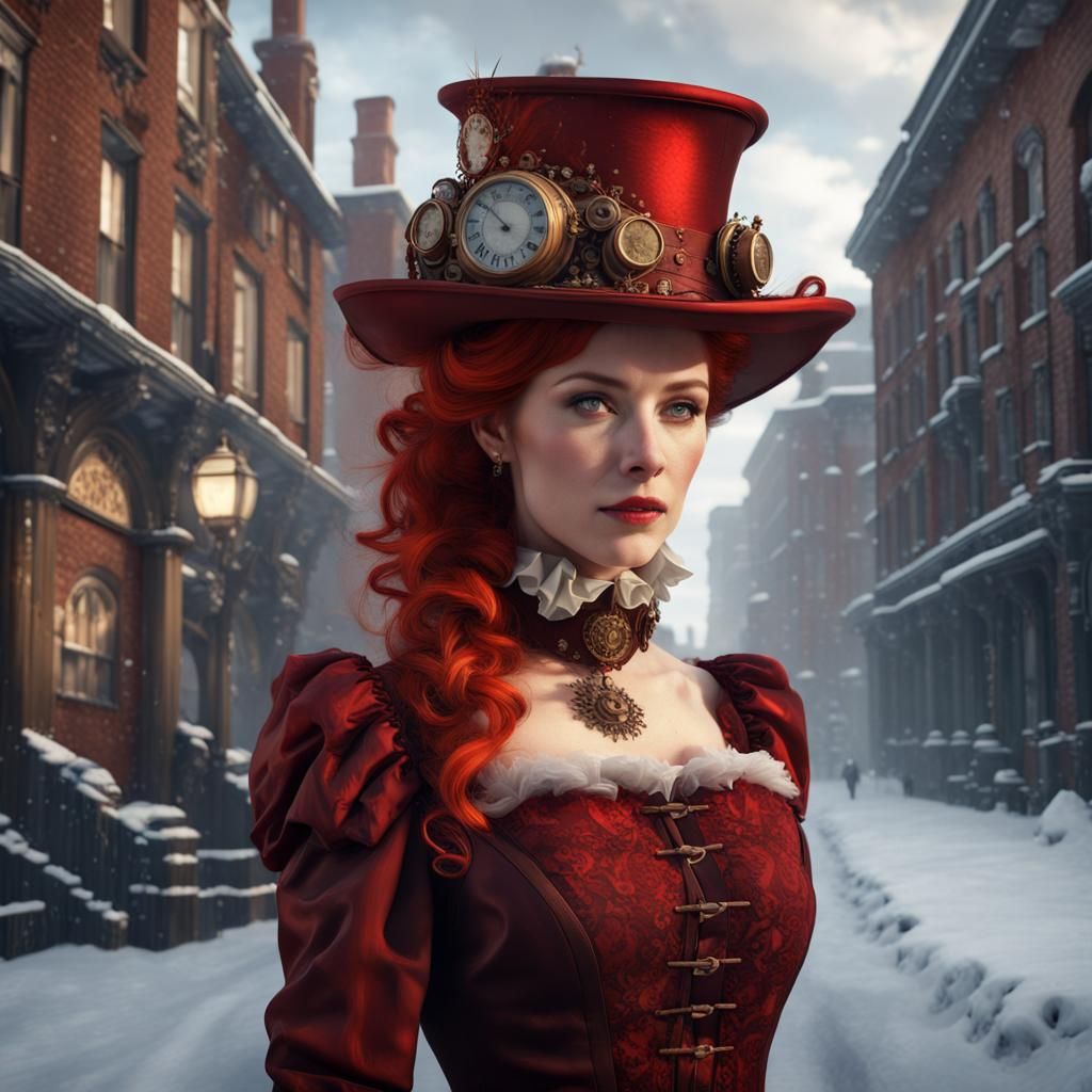 A vision of elegance and immersion in a Victorian-era snowfield of beautiful woman in red hair, captured through the len...