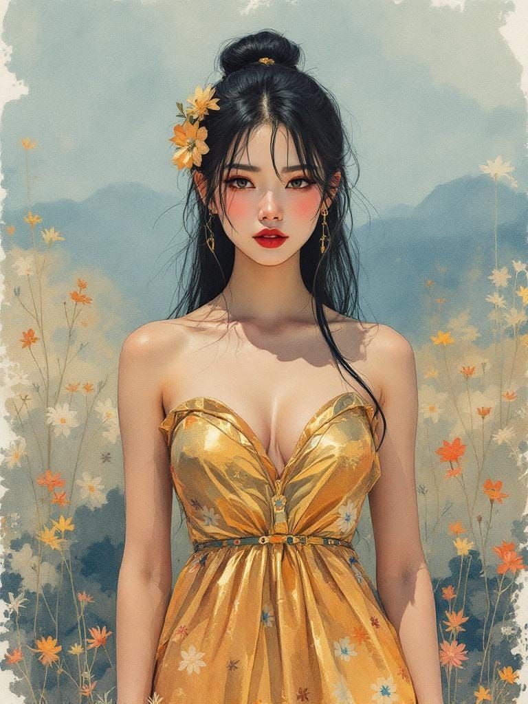 Swedish Pin-Up Woman in Golden Dress, Folk Art Style