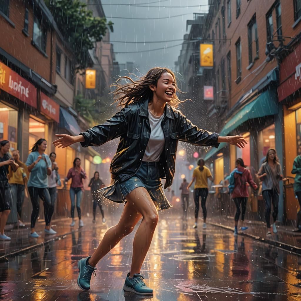 Girls Dancing in the Rain: Hyperrealistic Splash Art