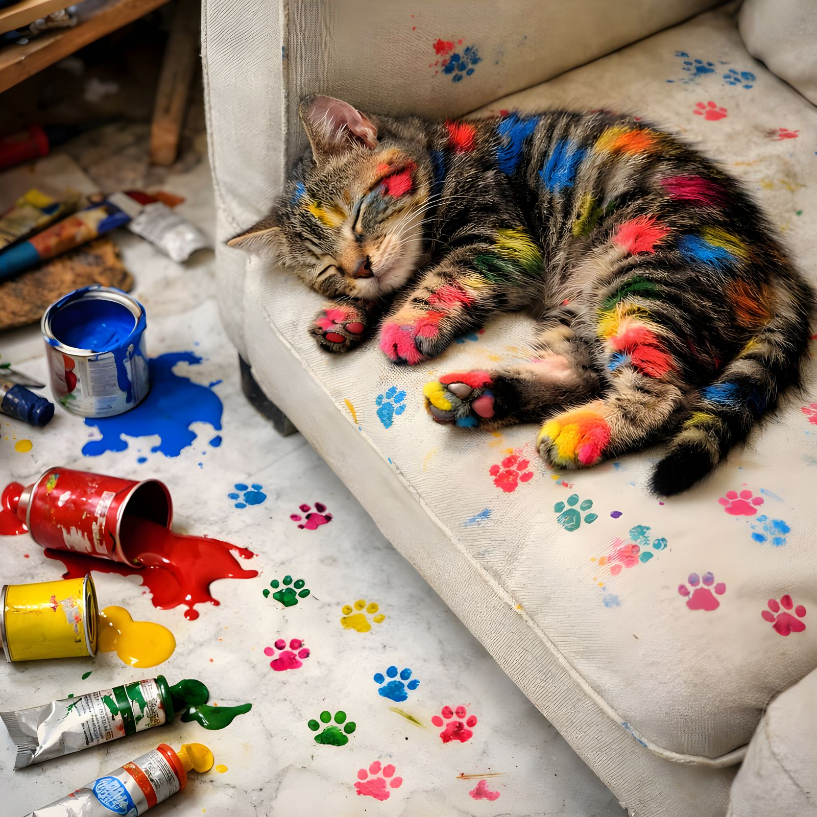 Realistic Photo of a Paint-Covered Kitten Sleeping