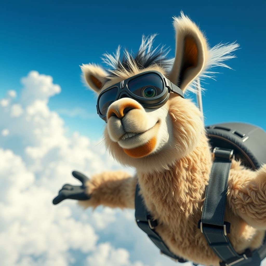 Fluffy Alpaca Skydiving Adventure in Claymation Style