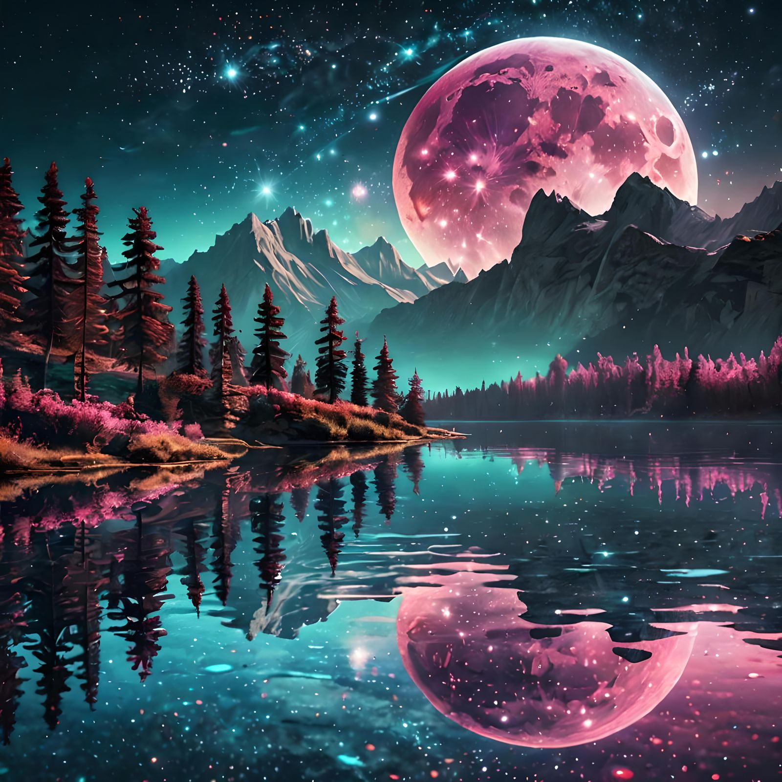 Cosmic Moon Reflected in a Sparkling Lake