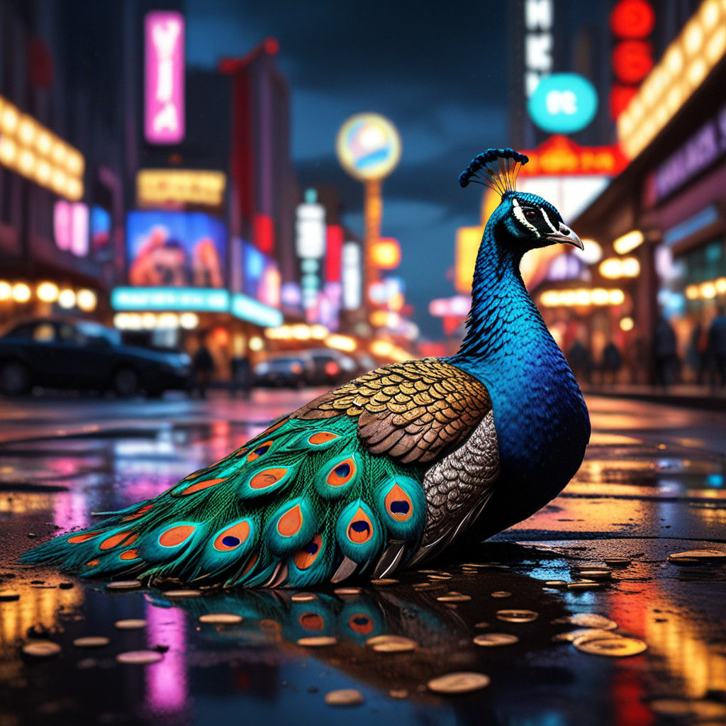 Vibrant Peacock Illuminated by Neon Las Vegas Lights