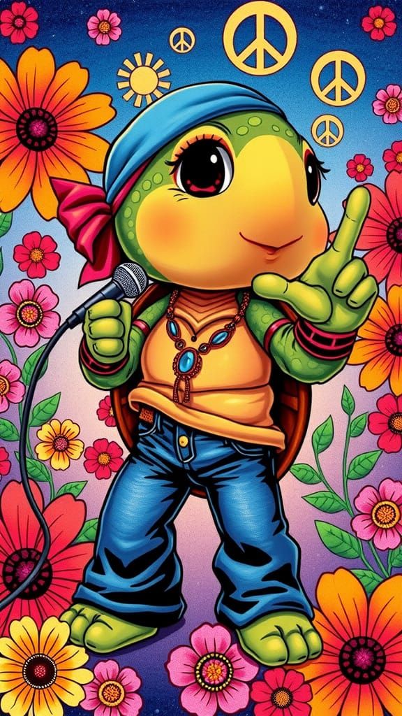 Psychedelic Chibi Turtle Singer in 1970s Style