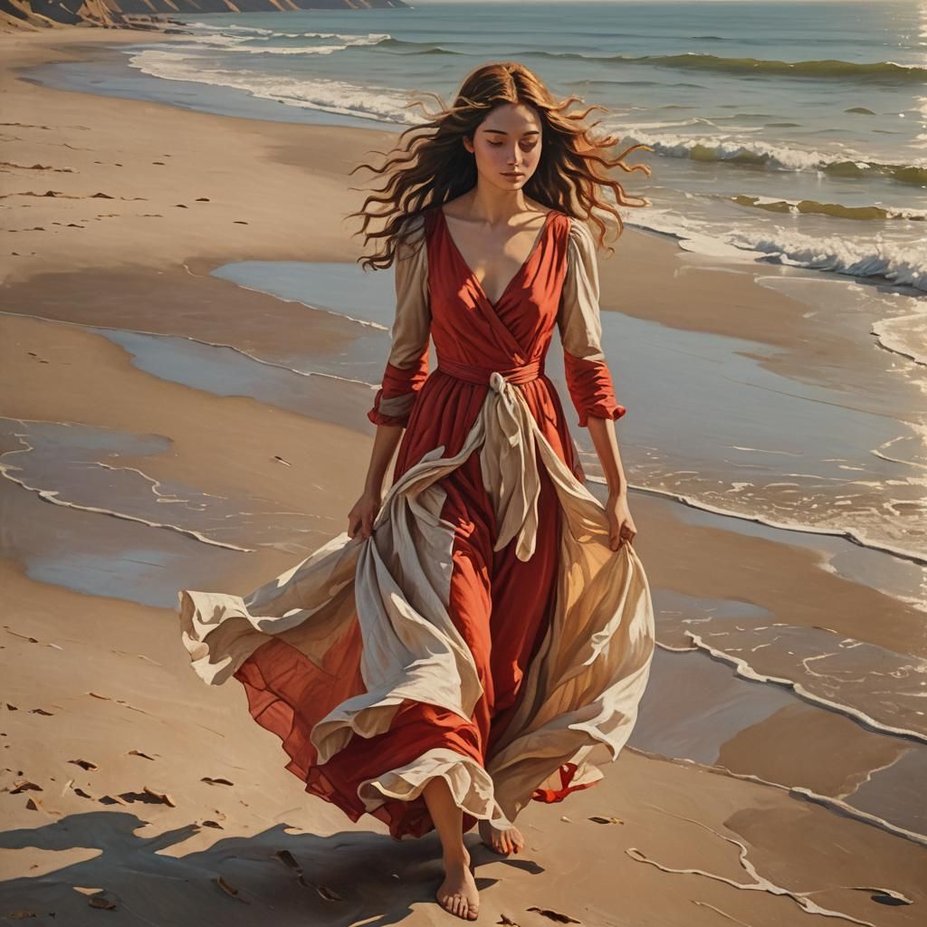 Italian Renaissance Woman in Red Dress on Beach