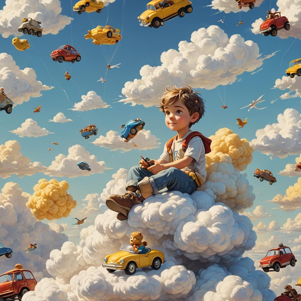 Boy on Cloud with Toy Car: Whimsical Concept Art