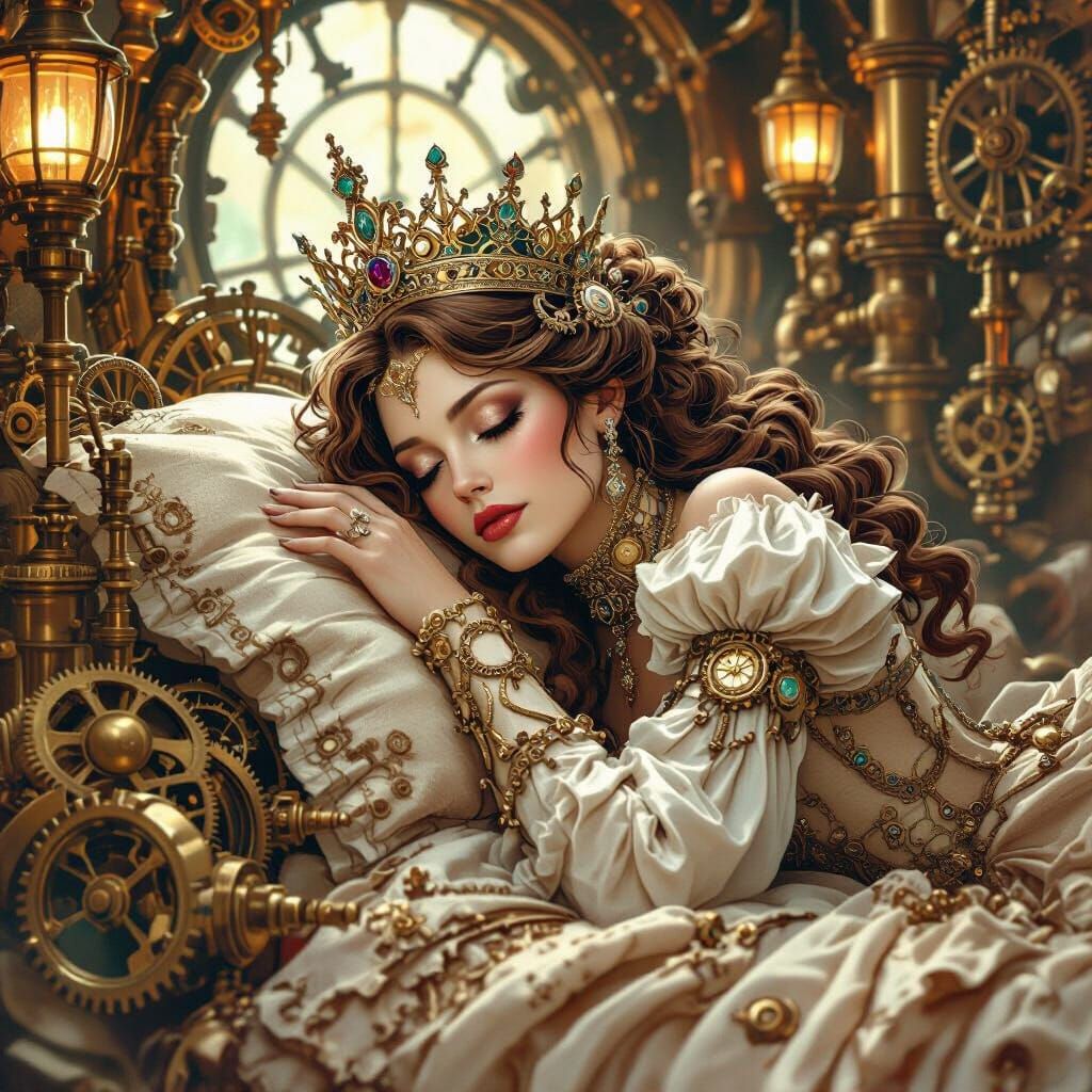 Steampunk Queen Slumbers in Brass Engine