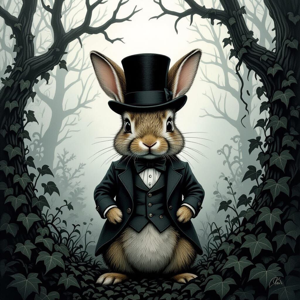 Peter Rabbit in Victorian Suit Amidst Misty Forest