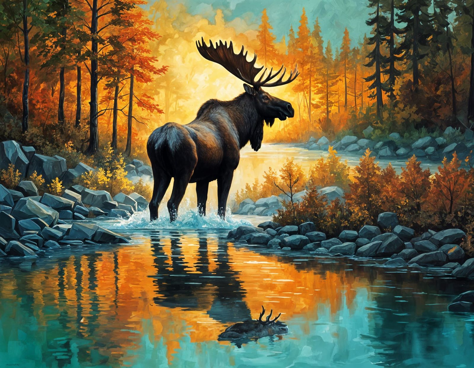 Gigantic Moose Drinks From River at Dawn