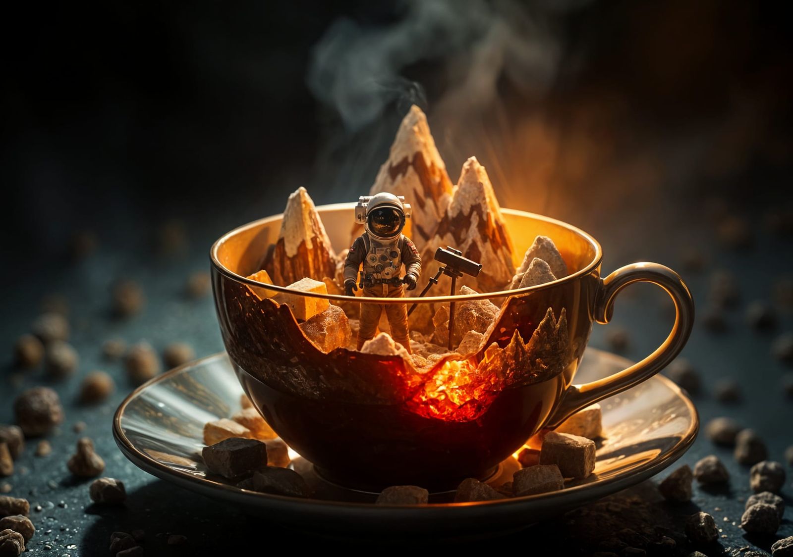 Cinematic Scene Inside Teacup: Explorer's Discovery