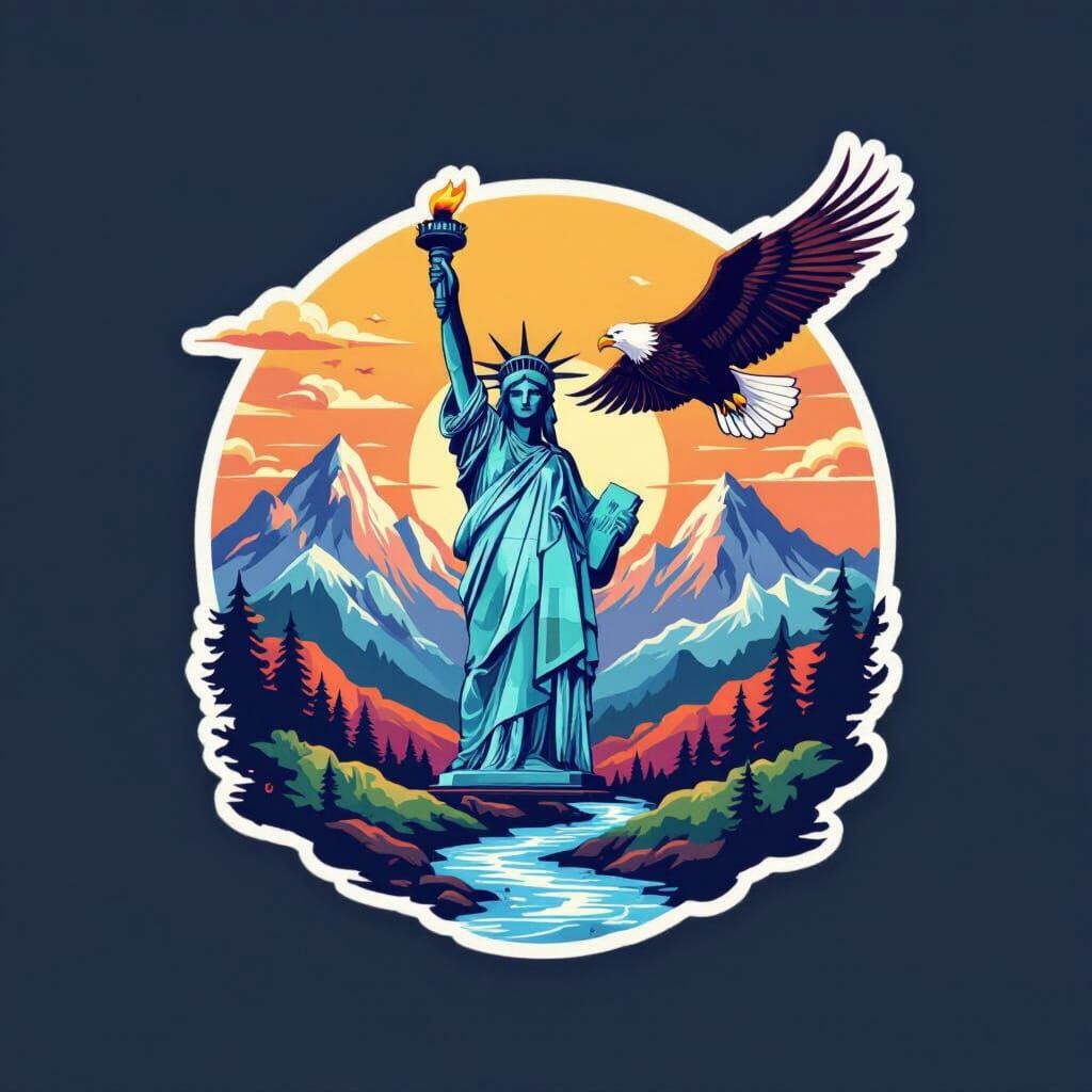 Fantastical USA Sticker Art with Statue of Liberty & Eagle