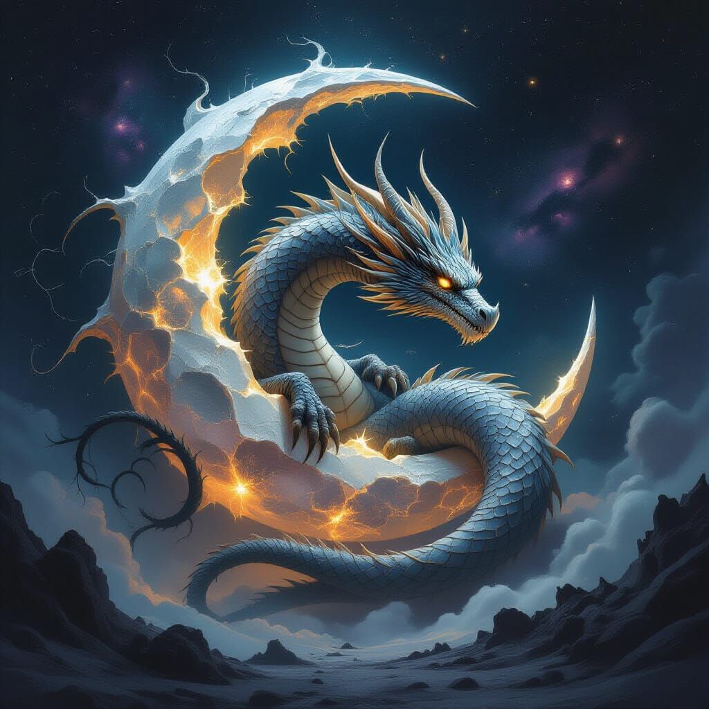 Ancient Dragon Coiled Around Shattered Moon in Cosmic Slumbe...