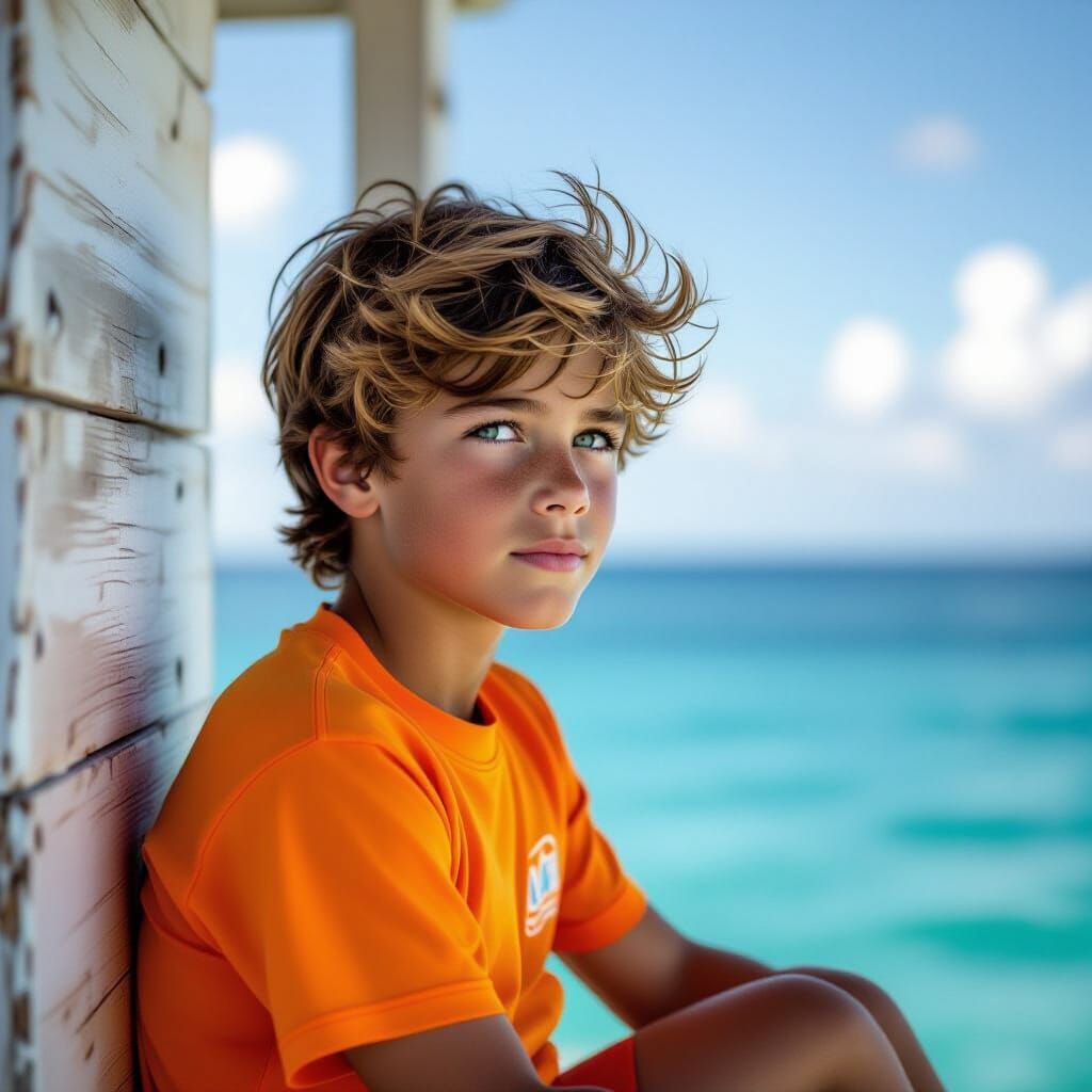 Boy on Lifeguard Tower with Green Eyes, Portrait Photography