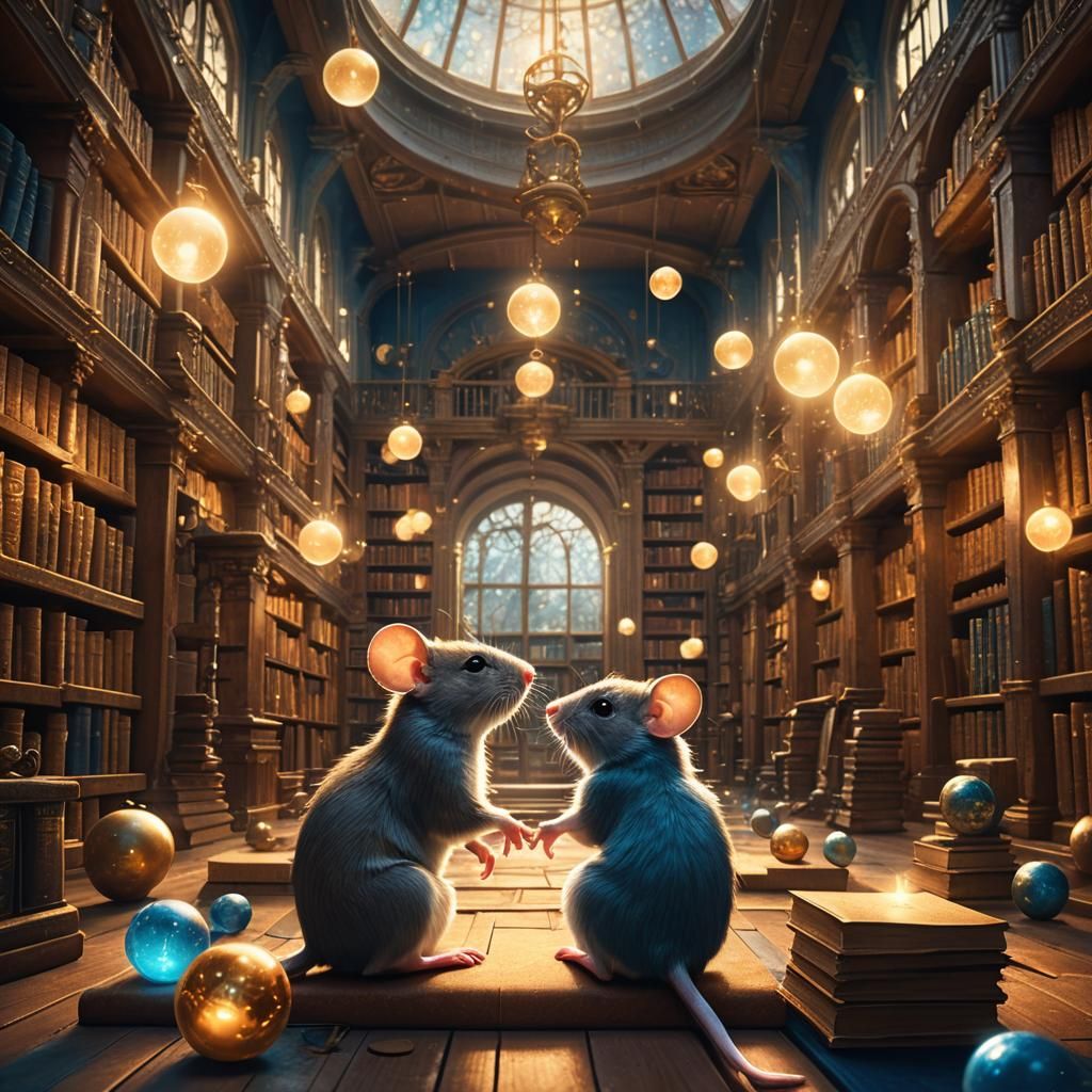 Mystical Library Mouse: Art Nouveau Digital Painting