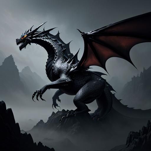 Detailed Black and Silver Dragon Fantasy Concept Art