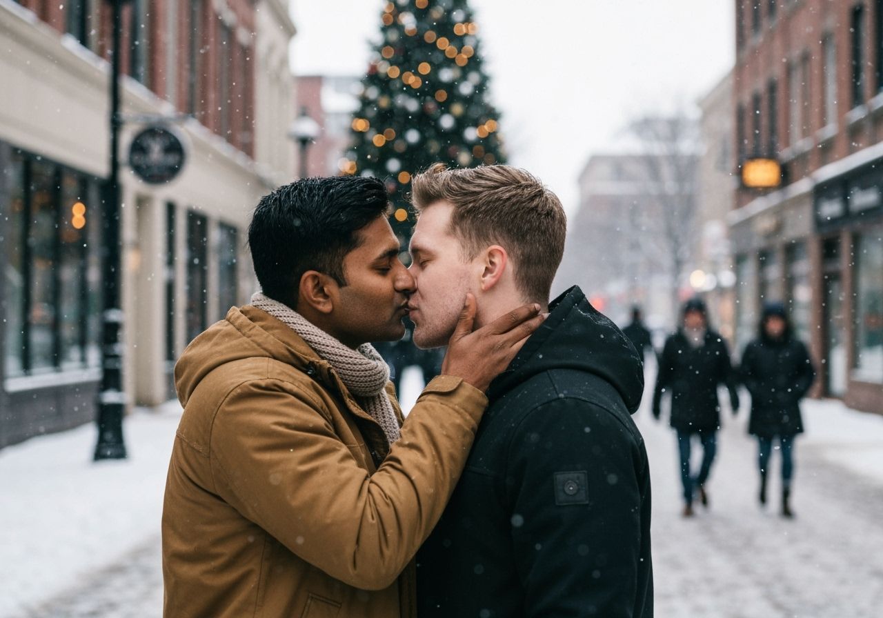 Gay Couple's Passionate Kiss in Snowy Christmas Scene