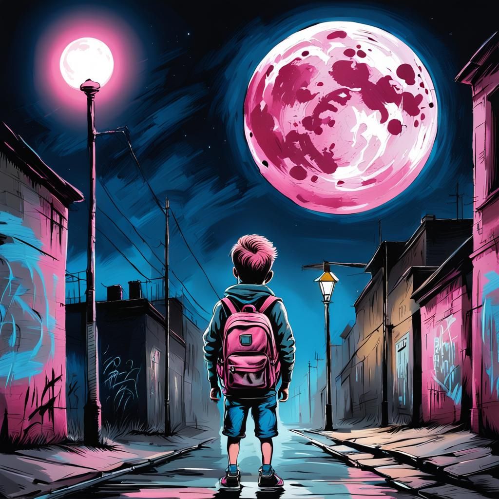 Child Under Streetlight with Pink Moon