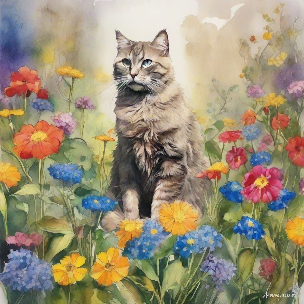 Charming Garden Scene with Cat and Vibrant Flowers