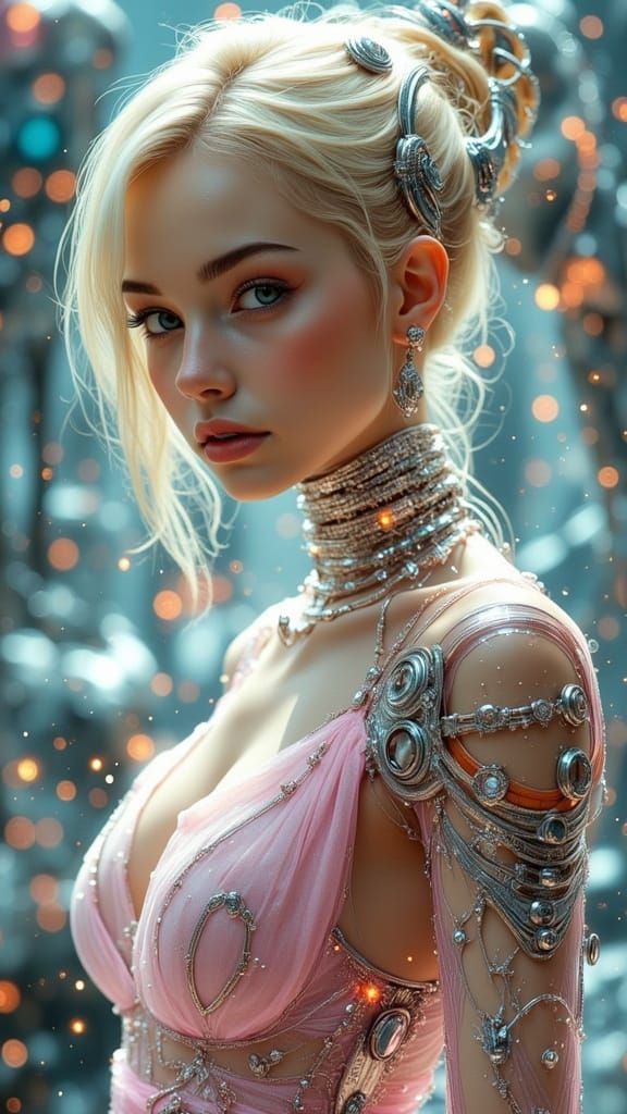 Futuristic Cyborg Girl with Robot Toy in Cyberpunk Style