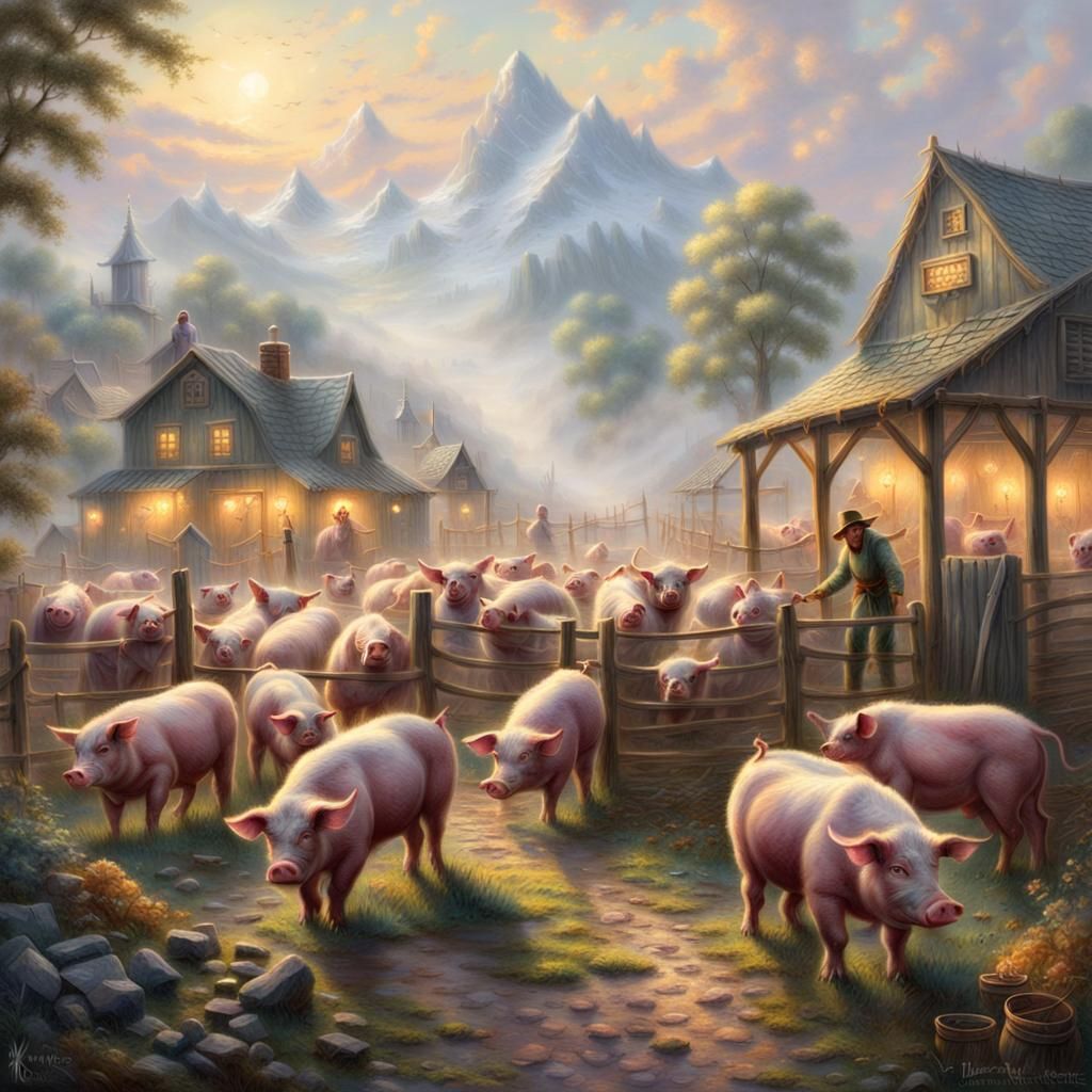 Orc Farmer Raises Pigs in Ethereal Landscape