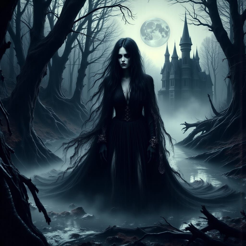 Ethereal Dark Witch Emerges from Waterfall under Full Moonli...