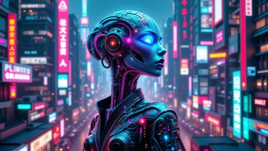 Cybernetic Reptilian Woman in Holographic Neo-Kimono