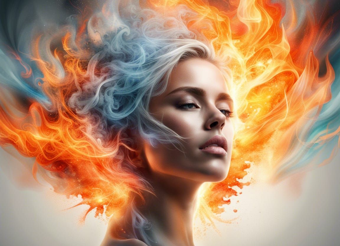 Empowered Woman with Fire and Ice Background