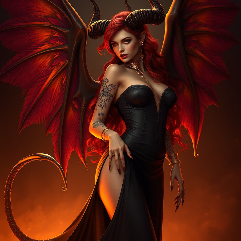 Stunning Demon Woman with Fiery Hair and Golden Horns