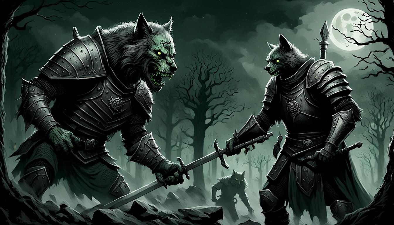 Dark Fantasy: Zombie Cat Pulling Wolf Knight