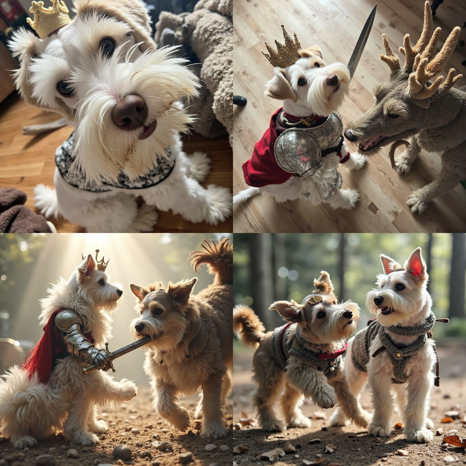 Majestic White Dog in Chivalrous Armor Battles Fearsome Drag...