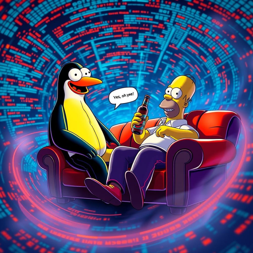 Sleek Cyberpunk Penguin in Swirling Code Vortex