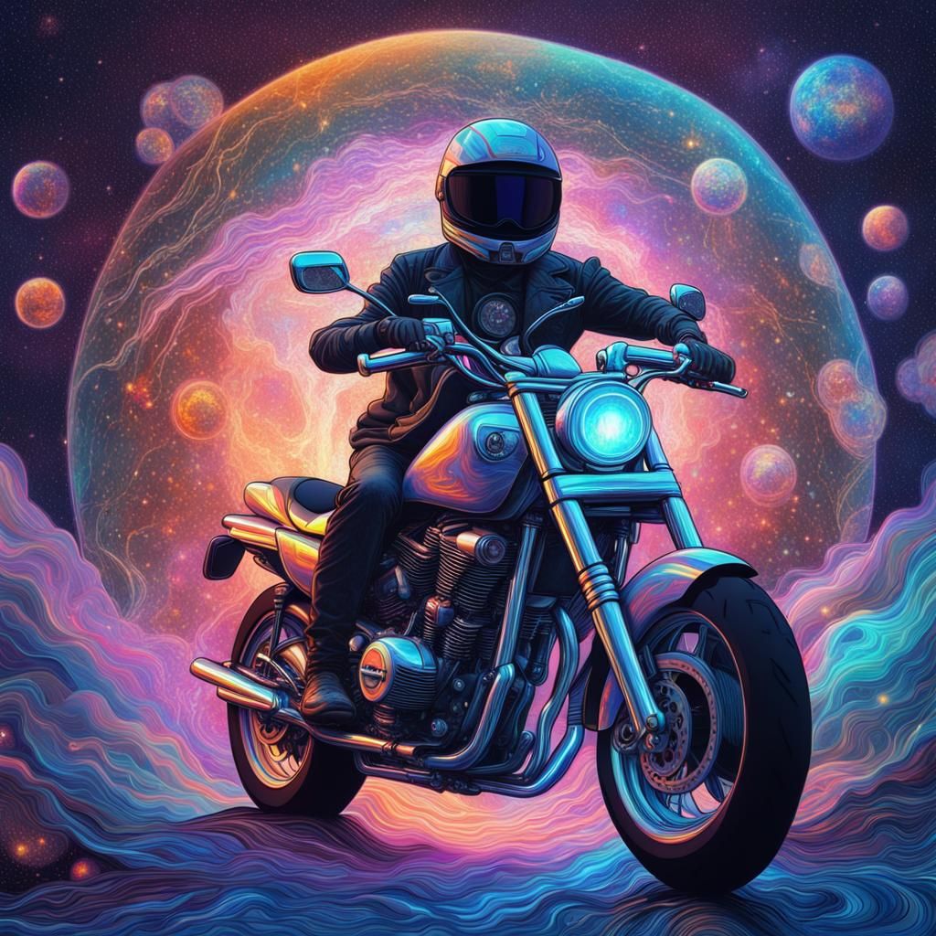Astral Motorcycle Illustration in Holographic Style