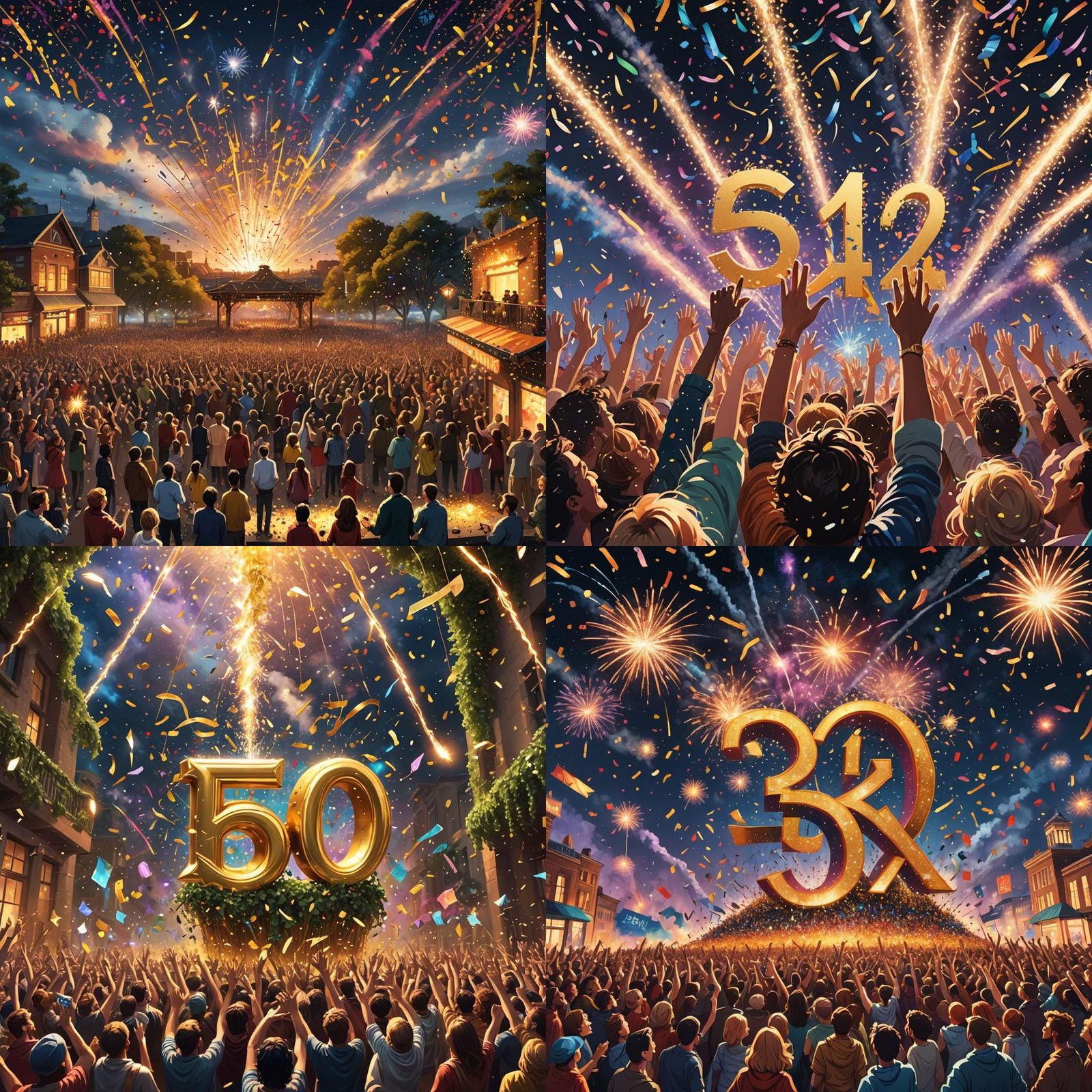 Energetic Celebration Scene with Fireworks and Confetti