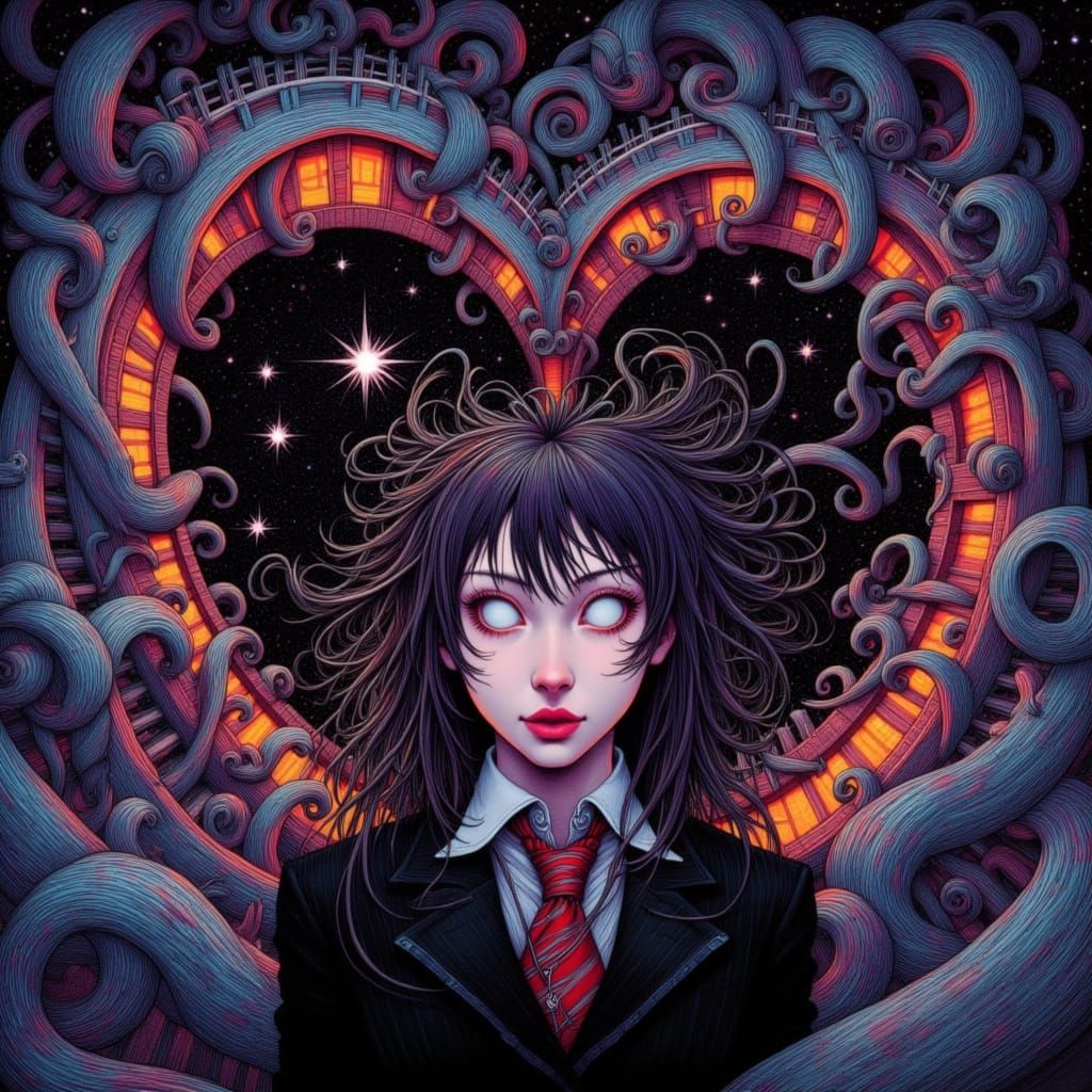 She reaches a red heart in a night sky dream land